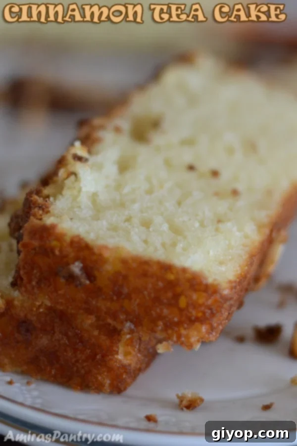 A close up of a slice of cake on a plate, with Cinnamon cake
