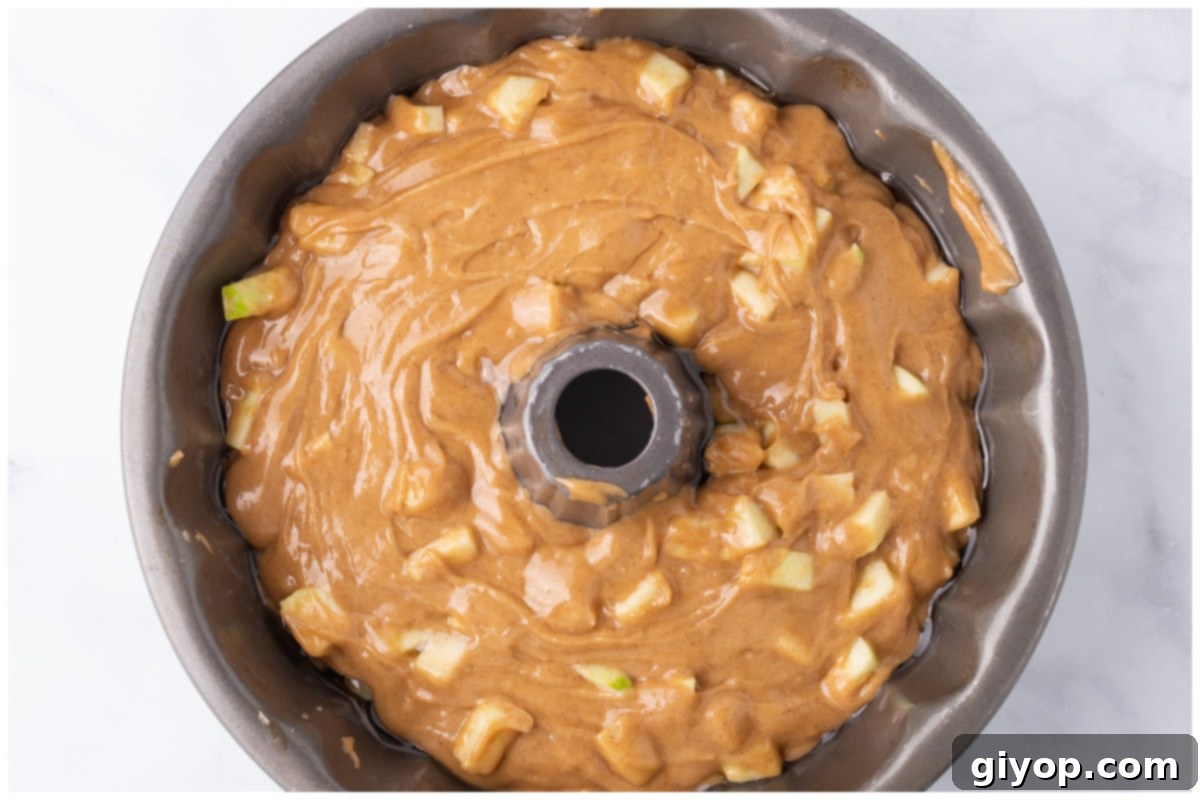 Raw apple cake batter evenly distributed in a bundt pan, ready to be placed in the oven.