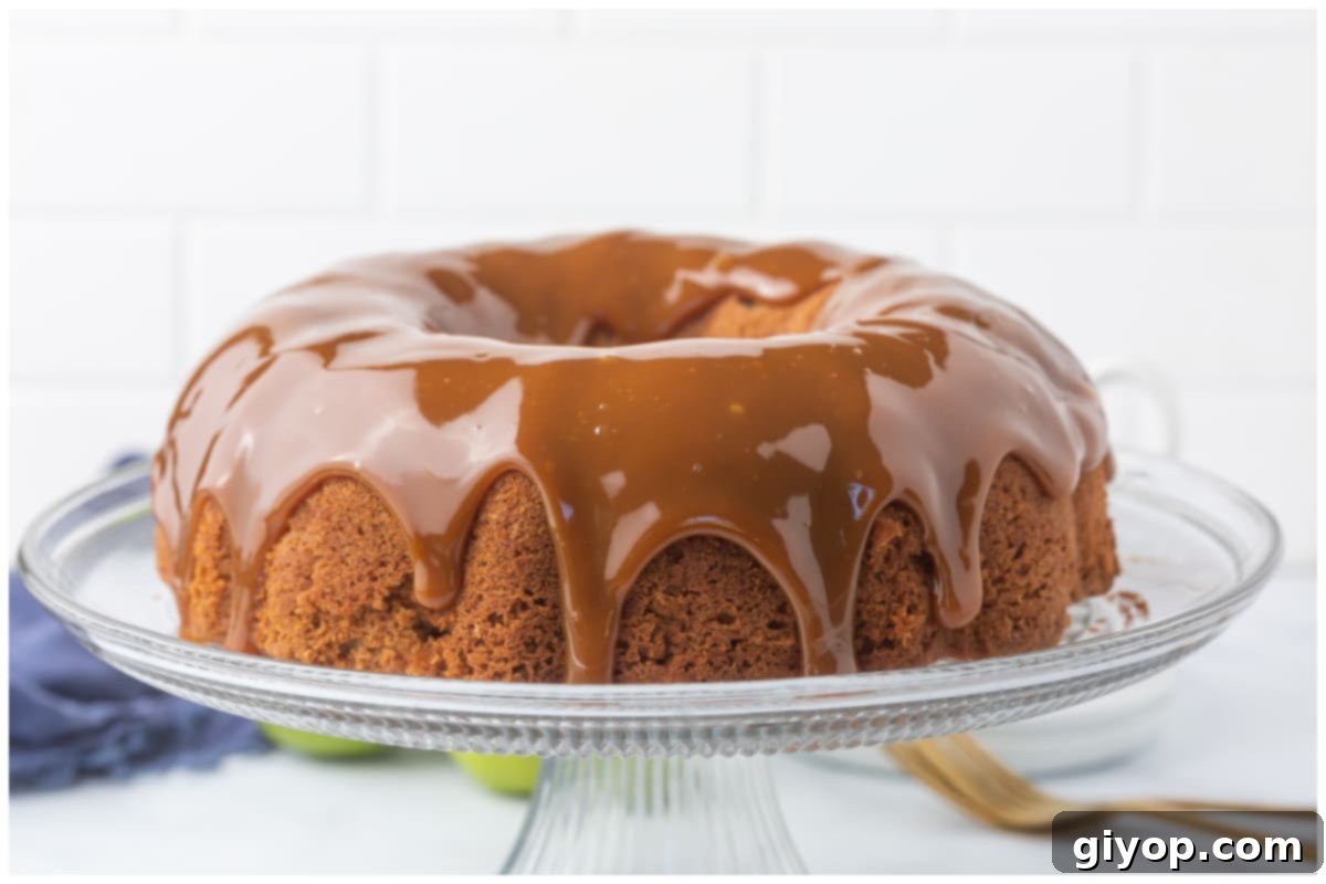 A beautiful side view of a finished apple spice bundt cake generously drizzled with glistening homemade caramel sauce.