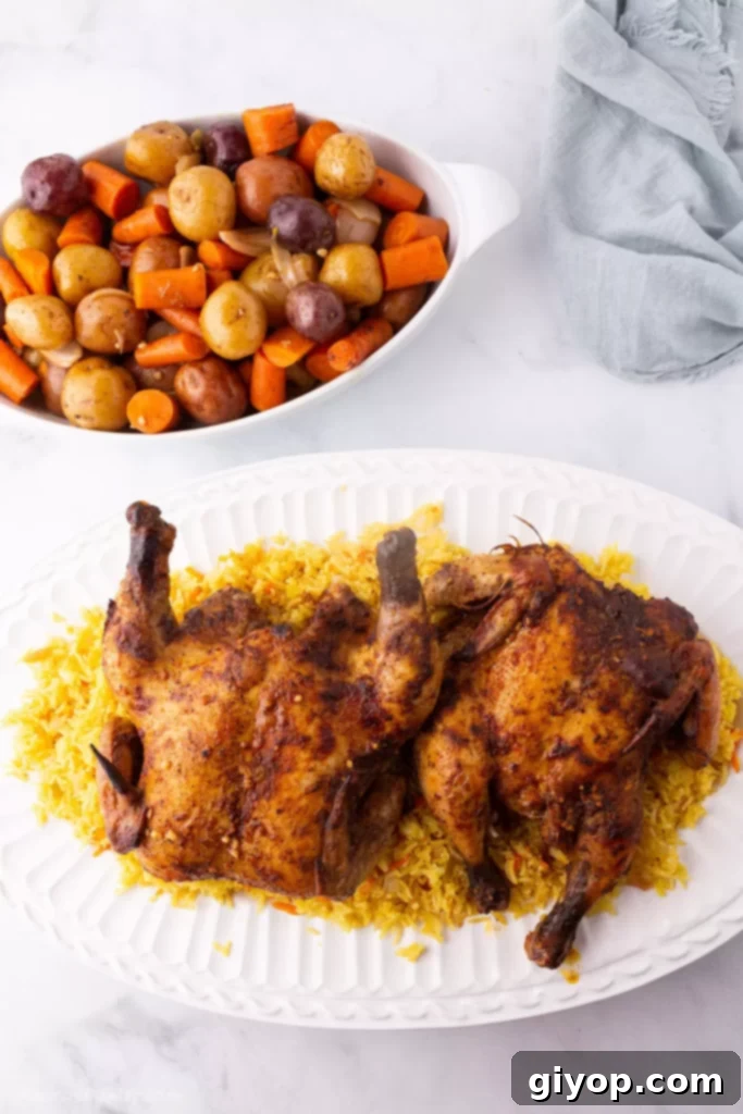 Meal Plan 3 Two perfectly roasted game hens nestled on a generous bed of aromatic yellow rice on a large white platter, ready to be served.