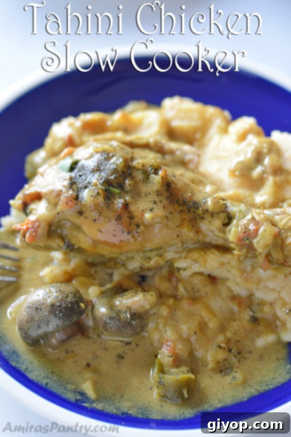 A close-up of a bowl filled with creamy tahini chicken stew, garnished with parsley.