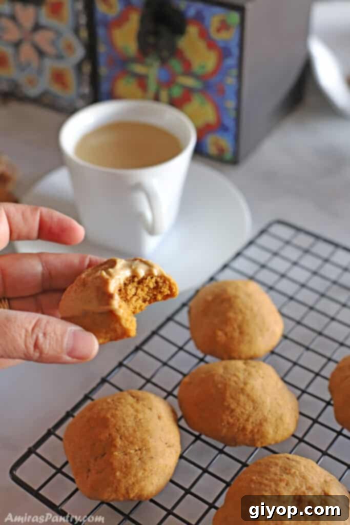 A hand holding a freshly baked sweet potato cookie with a bite taken out of it, showing its soft interior.