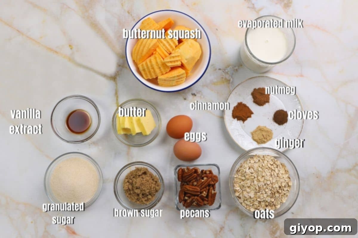 Sweet Golden Butternut Bake 3 Ingredients for sweet butternut squash placed on a marble table.