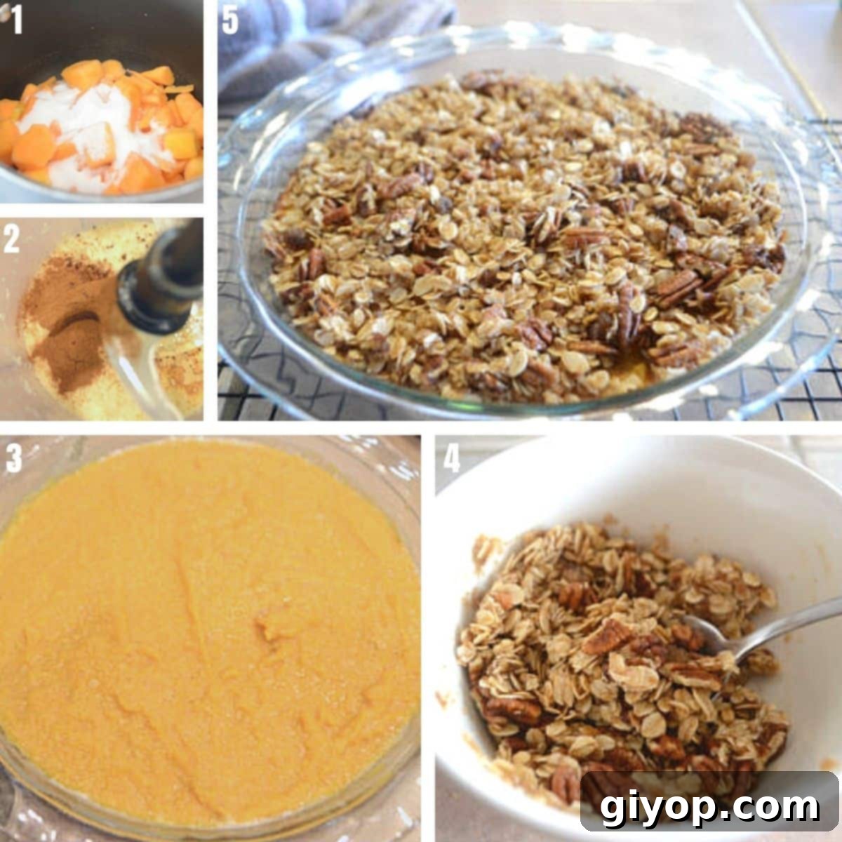 Sweet Golden Butternut Bake 4 a collage of 5 images showing how to make butternut squash casserole.