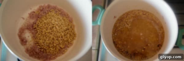 A bowl of food on a stove, with onions and barley