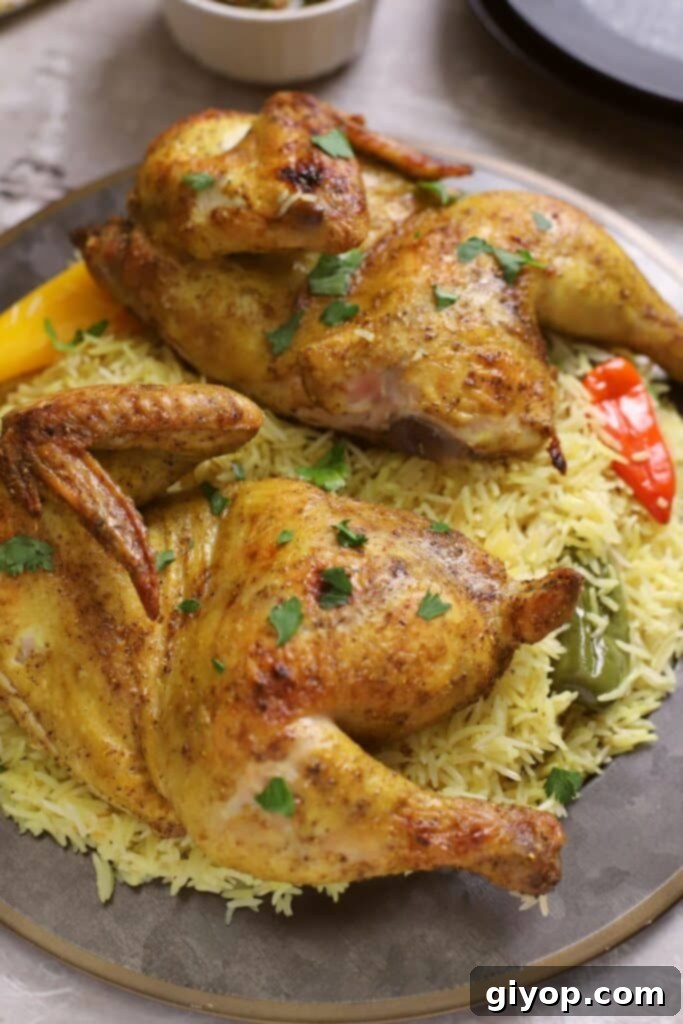 A close-up shot of a magnificent Chicken Mandi dish, featuring perfectly cooked chicken and aromatic rice.