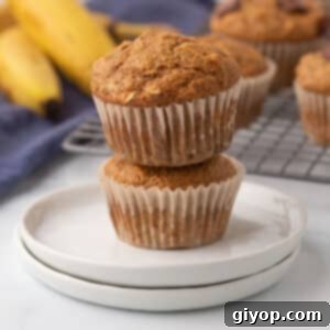 Two stacked healthy banana applesauce muffins on a white plate, showcasing a wholesome and delicious snack.