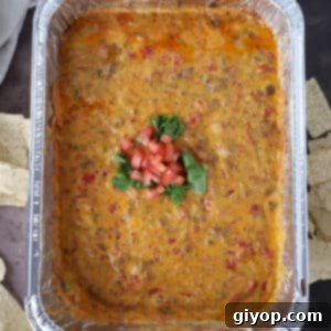 A top view of an aluminum pan with smoked queso.
