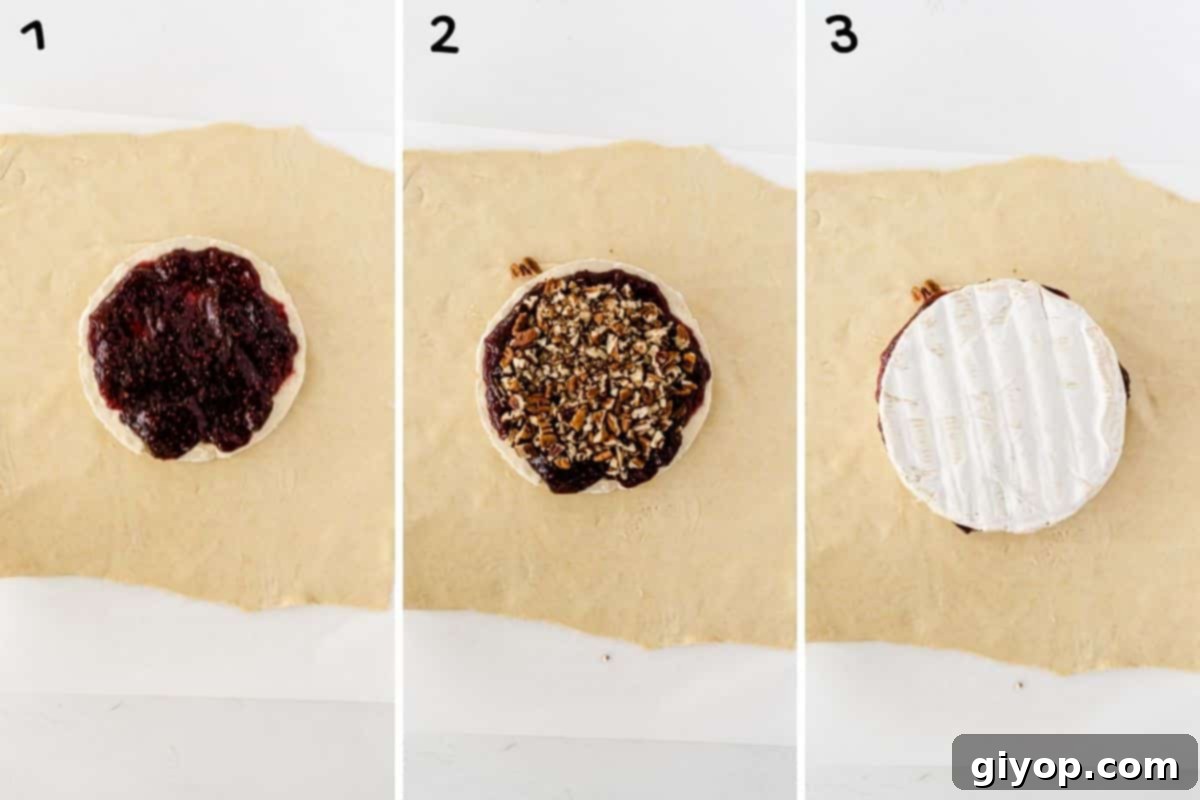 A collage of three photos showing how to prepare baked brie: slicing brie, spreading jam, and adding pecans.