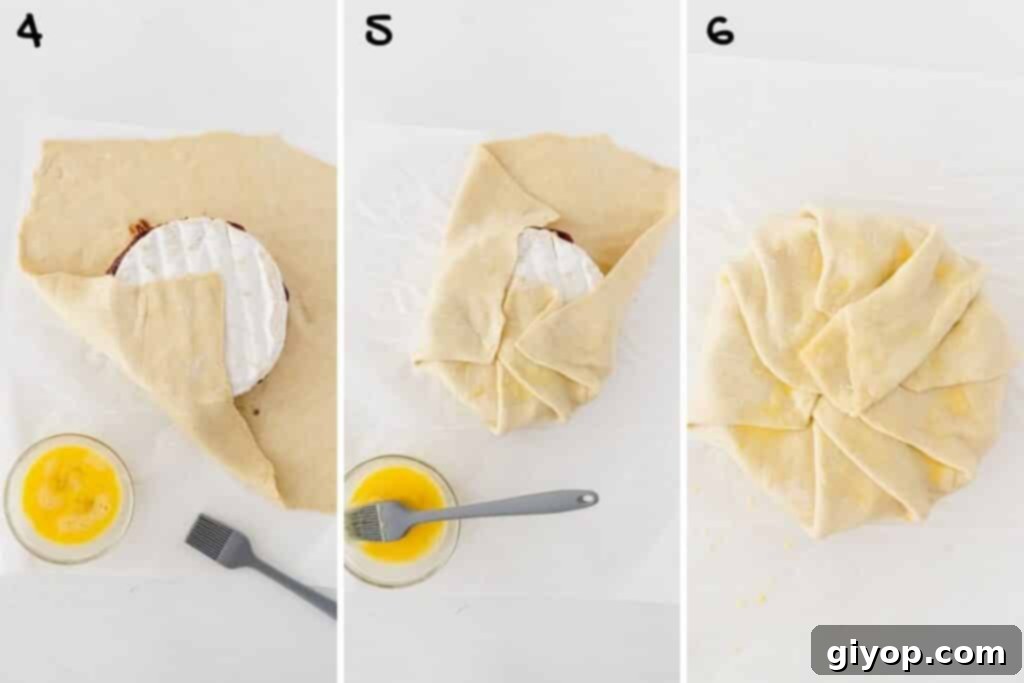 A collage of three photos showing how to wrap baked brie in puff pastry using egg wash to seal the edges.