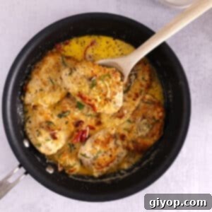 A skillet with chicken in creamy sauce with a wooden spoon in it.