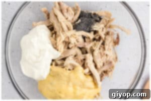 A large bowl containing shredded chicken, cream of chicken soup, sour cream, and poppy seeds, ready to be mixed.