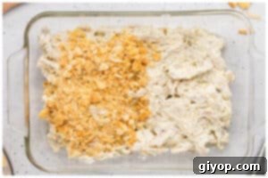 Buttery cracker topping sprinkled evenly over the chicken mixture in the casserole dish, ready for baking.