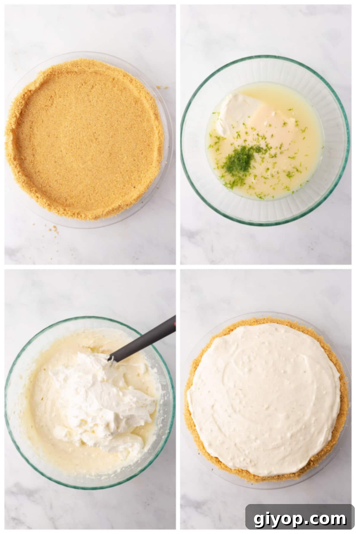 A series of step-by-step images demonstrating the process of making a key lime pie.