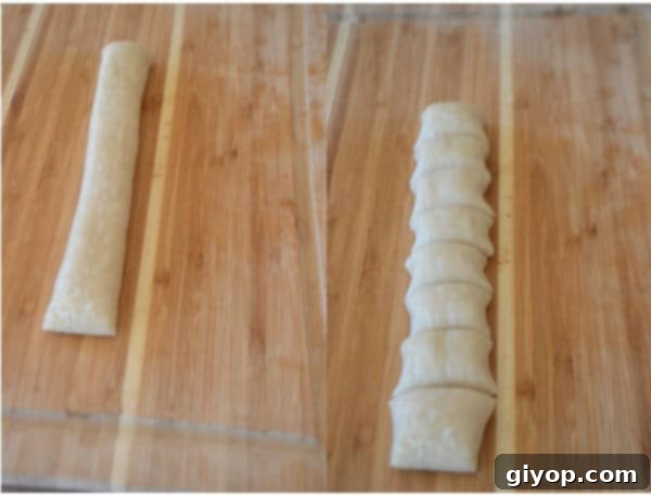 A wooden cutting board, with pieces of dough