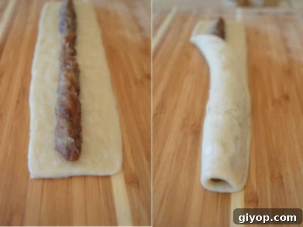 A wooden cutting board, with pieces of dough and stuffing
