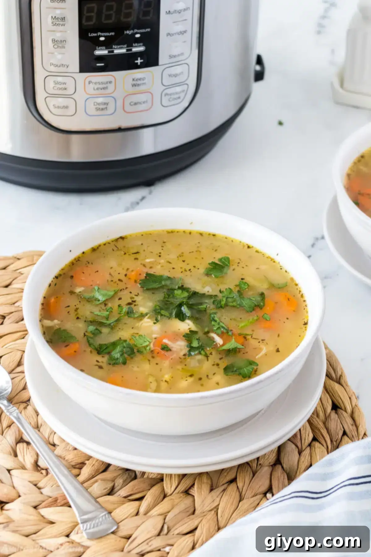 Hearty Instant Pot Chicken and Rice Soup 2 Chicken soup in a soup bowl with an instant pot in the back.