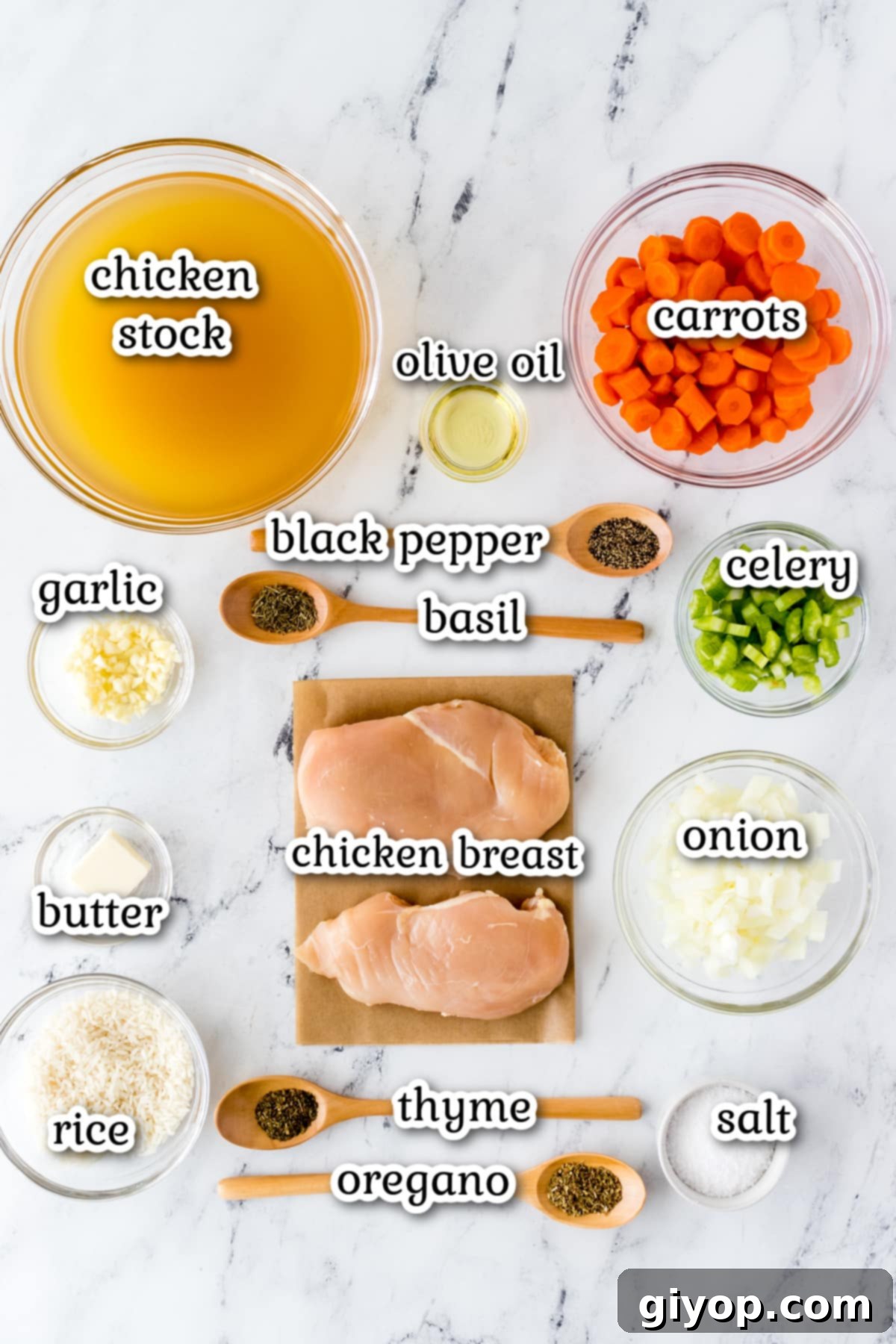 Hearty Instant Pot Chicken and Rice Soup 3 Ingredients for the recipe on a white surface.