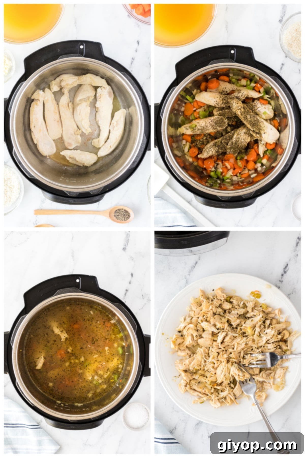 Hearty Instant Pot Chicken and Rice Soup 5 A COLLAGE OF FOUR IMAGES SHOWING HOW TO MAKE THE RECIPE.