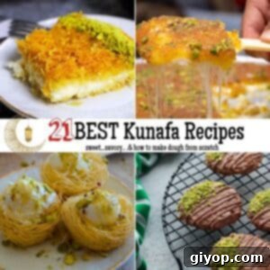 A collage of images for kunafa recipes with text overlay, showing various delicious Kunafa preparations.