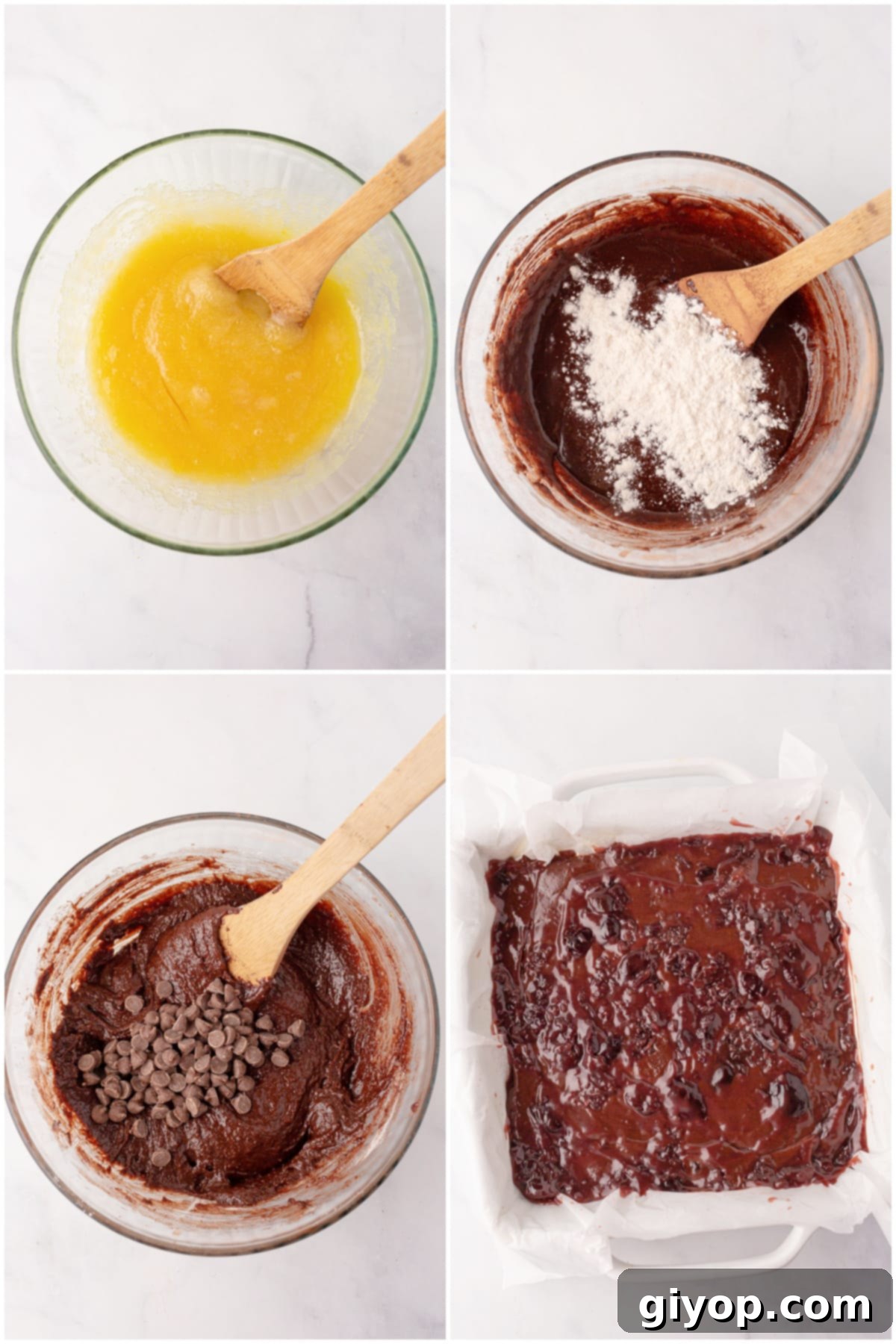 A collage of four images illustrating the process of making Black Forest Brownies, from mixing to swirling cherry sauce.