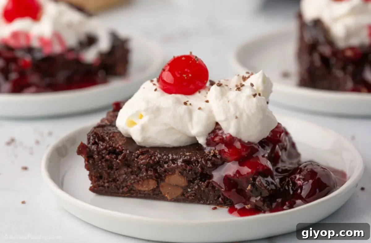 A piece of black forest brownie garnished with chocolate shavings and a cherry on a white plate.