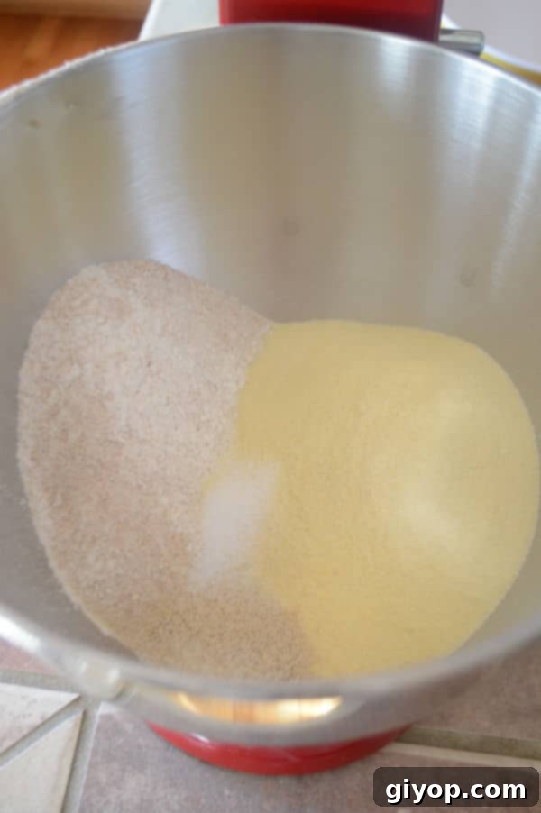 A metal mixing bowl containing a well-combined dry mixture of flours, yeast, salt, and sugar, ready for wet ingredients.