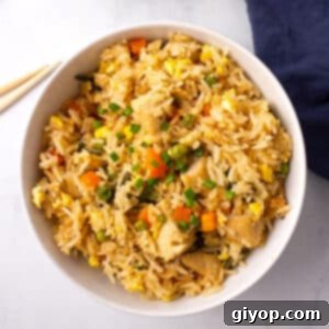 Effortless Instant Pot Chicken Fried Rice 2 A big white bowl of instant pot chicken fried rice garnished with green onions.