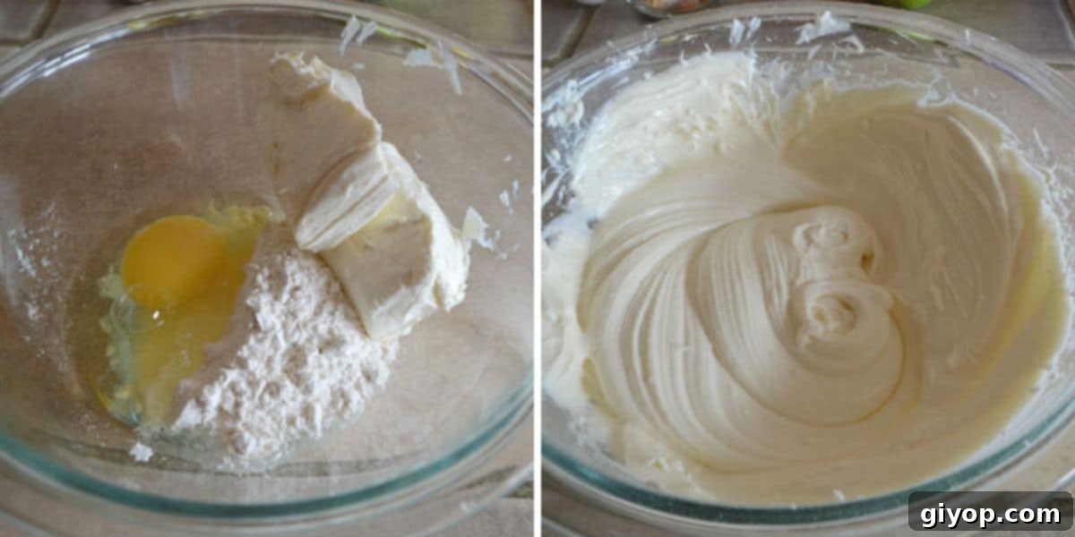 A collage of two images showing the process of mixing ingredients to create the smooth cream cheese layer for the bundt cake.