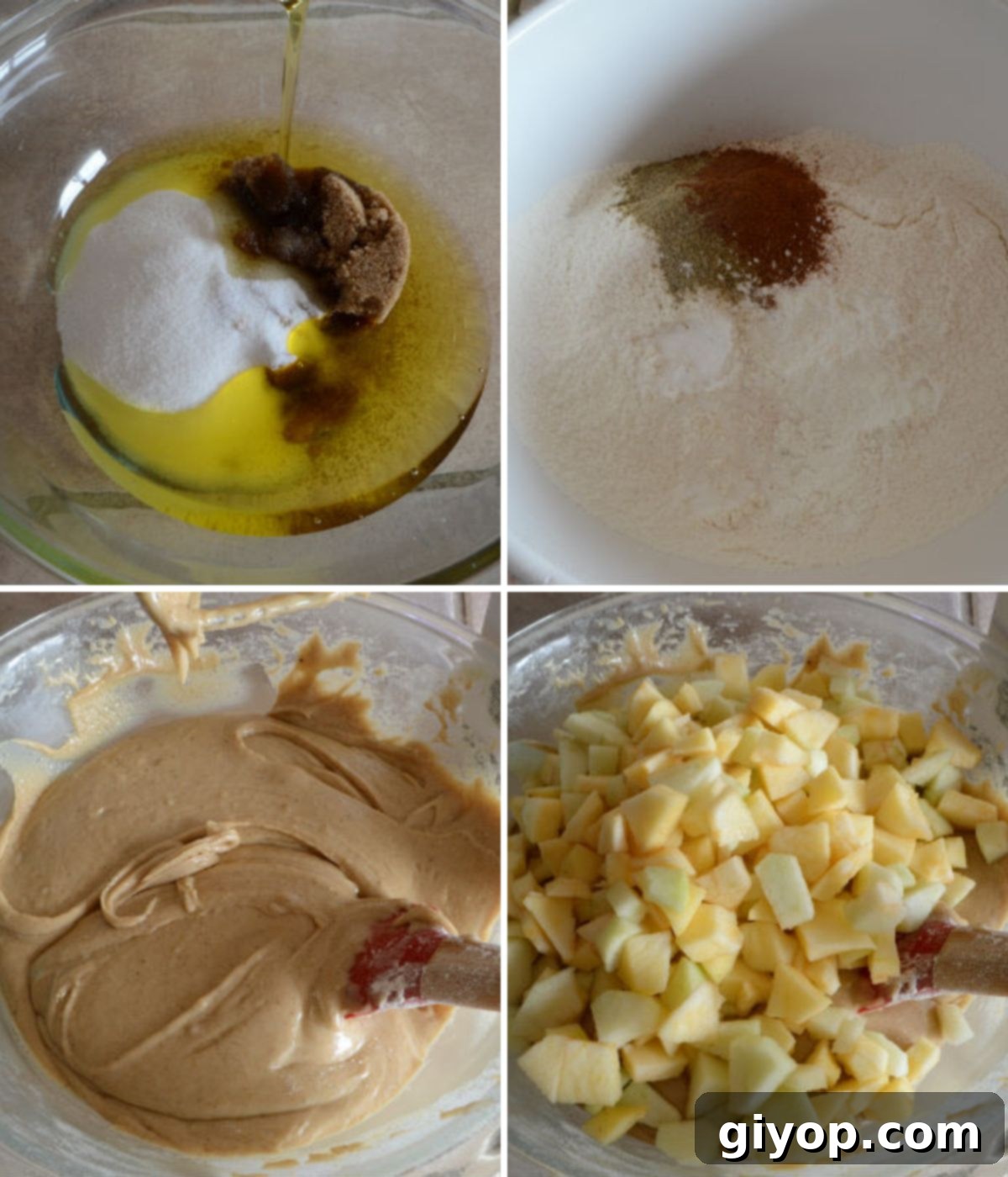 A collage of four images demonstrating the stages of preparing the apple cake batter, from mixing dry ingredients to folding in apples.