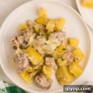 An overhead view of a plate with a serving of chicken potato casserole.