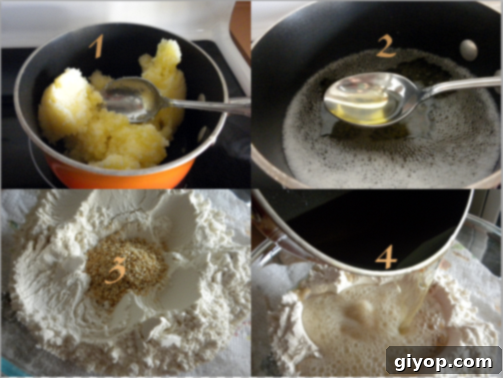 Step by step photos for making Kahk cookies, showing hot ghee being poured over flour and sesame seeds.