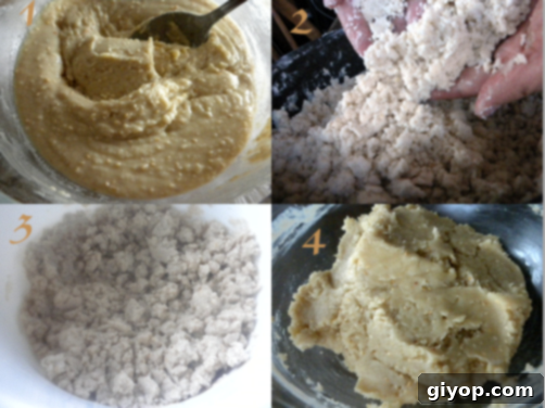 Step by step photos for making Kahk cookies, illustrating the process of rubbing ghee into flour with hands.
