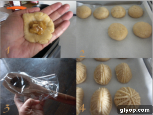 Step by step photos for making Kahk cookies, showing the assembly of Kahk with Agameya filling and using a mold.