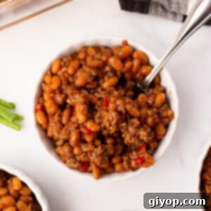 A top view of a bowl with baked beans.