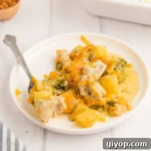 A white dinner plate with a serving of cheesy chicken broccoli casserole and a fork.