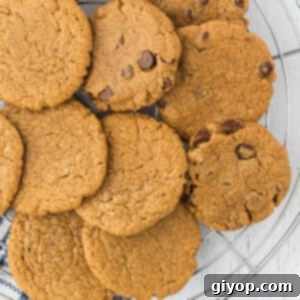 An overhead view of a pile of almond butter cookies, perfectly golden and inviting.