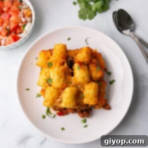 Crispy Chili Tater Tot Bake 2 An overhead view of a white plate with a serving of tater tot casserole.