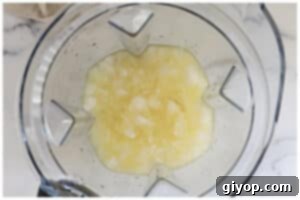 Ingredients for the pina colada in a blender, ready to be blended.