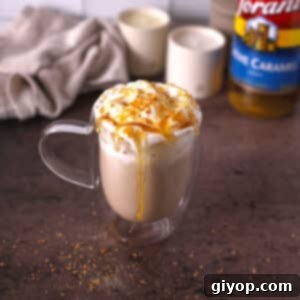 Starbucks copycat creme brulee latte on a wooden board.