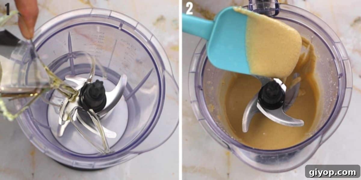 A collage of two images showing how to turn dry sesame paste into tahini.