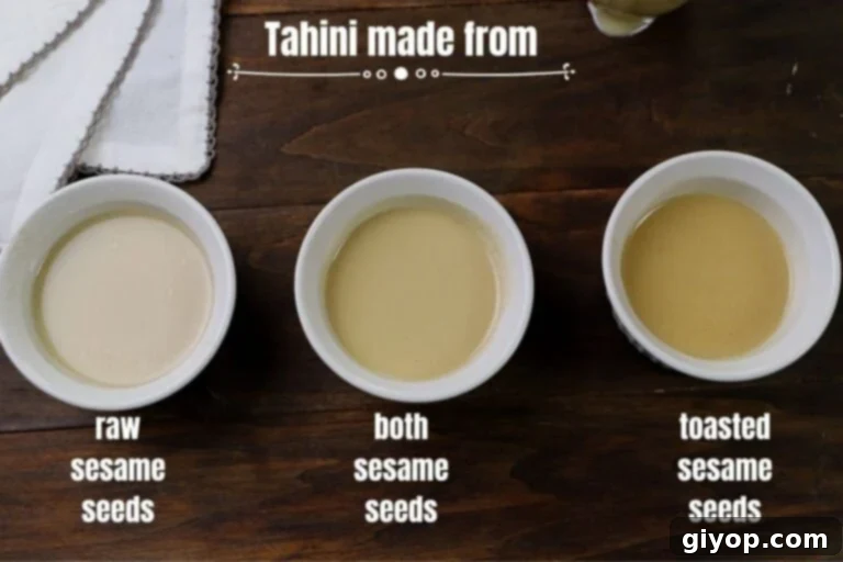 An image of three white bowls comparing making tahini of untoasted sesame seeds versus toasted or using both.