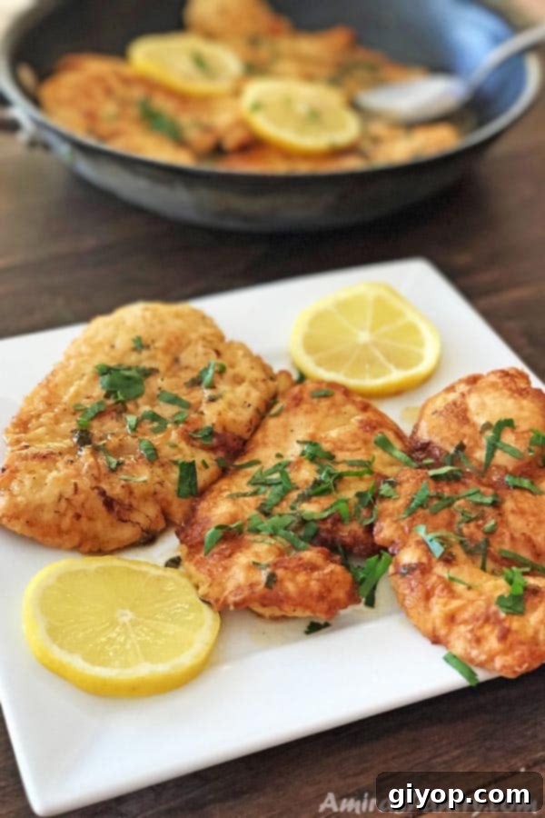 Flavorful Chicken Francese No Wine Required 3 Three perfectly cooked Chicken Francese cutlets arranged on a white plate, garnished with vibrant lemon rinds, ready to be served.