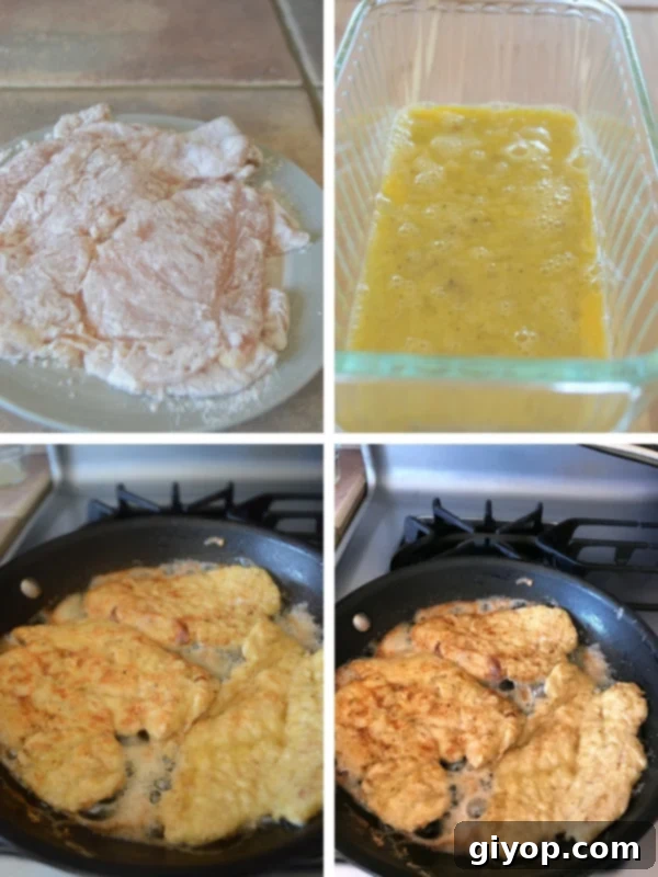 Flavorful Chicken Francese No Wine Required 4 Visual steps illustrating how to prepare tender chicken francese without wine, showing the dredging process.
