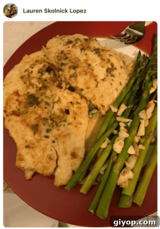 Flavorful Chicken Francese No Wine Required 8 A fan-made plate of golden Chicken Francese served with tender green asparagus, perfectly illustrating a balanced meal.