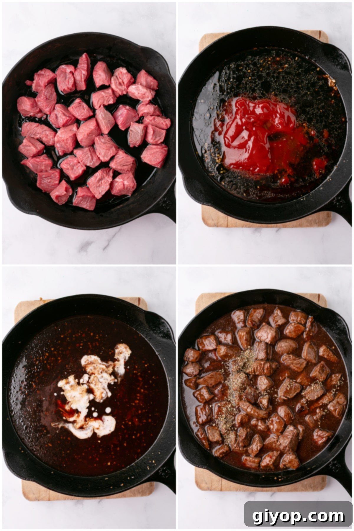 Glazed Honey Garlic Steak Bites 4 A four-panel collage illustrating the step-by-step cooking process of honey garlic steak bites in a skillet, from searing beef to simmering in sauce.