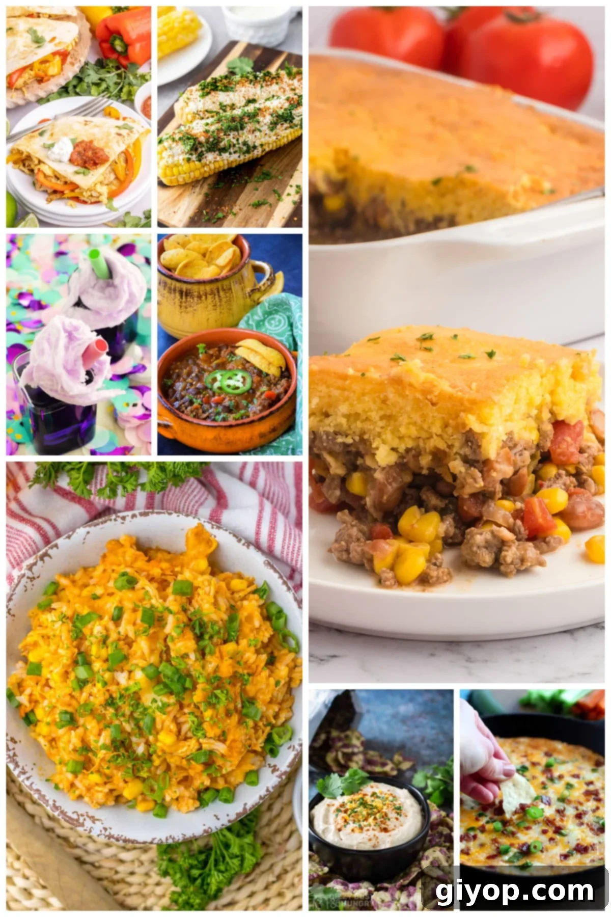 A vibrant collage of various Mexican party food recipes, showcasing appetizers, tacos, and desserts perfect for a festive gathering.