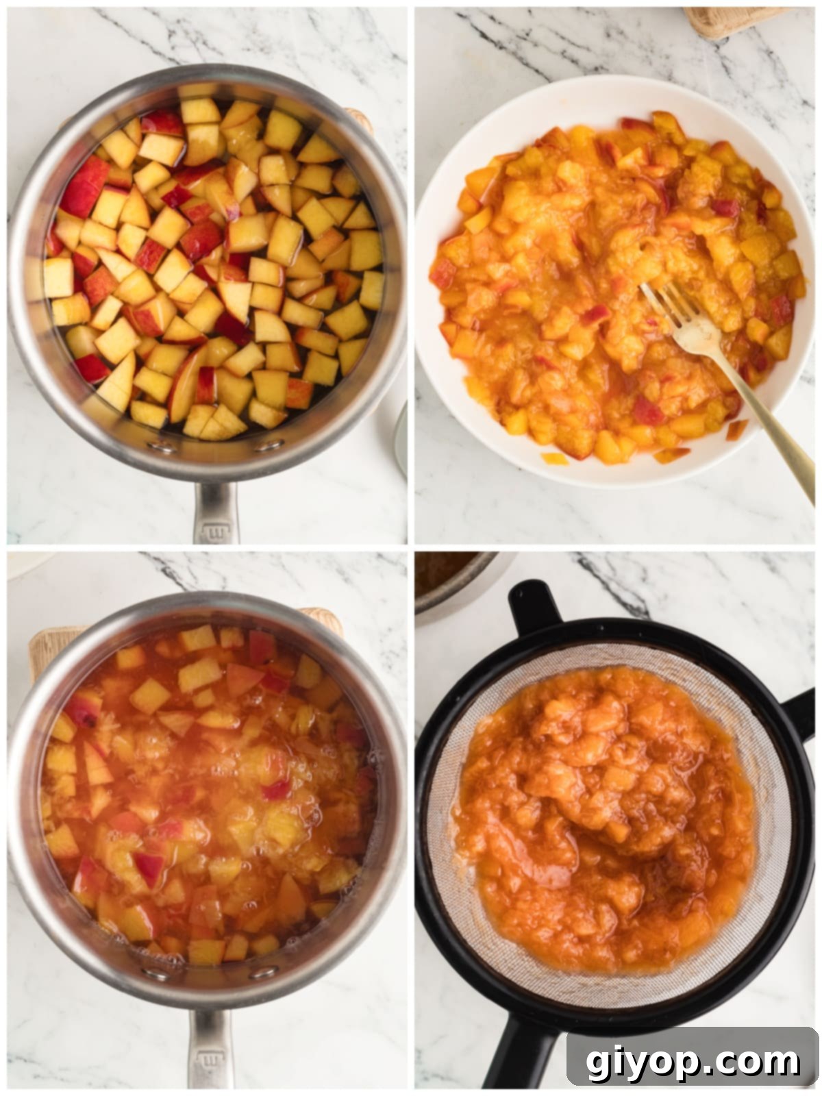 A four-panel collage illustrating the making of peach simple syrup: 1. Combining ingredients, 2. Simmering to soften peaches, 3. Mashing peaches, 4. Straining the finished syrup.