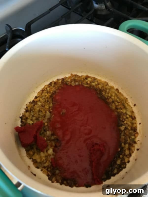 adding tomato paste and sauce to the sauteed onions.