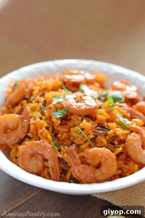 A plate of spicy wild rice and shrimp ganrished with fresh cilantro